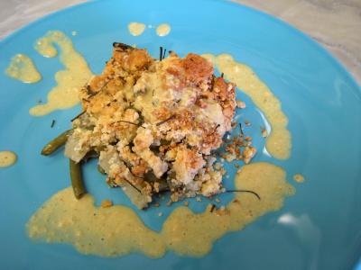 Image : recette Crumble aux haricots verts et sa crème d'ail