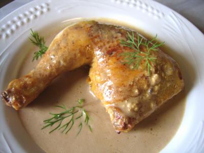 poulet : Assiette de cuisse de poulet sauce moutarde