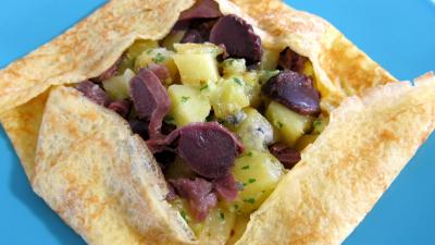 Recette Assiette de crêpe farcie aux gésiers confits et pommes de terre