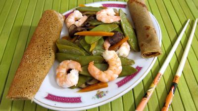 plat complet : Plat d'haricots plats et gambas à la chinoise