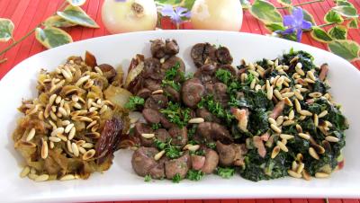 Abats : Plat de compotée d'oignons et d'épinards et son rognon de veau