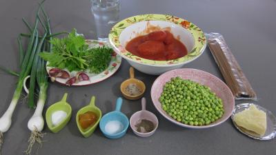 Ingrédients pour la recette : Spaghettis aux petits pois