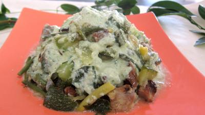 Viandes : Plat de courgette spaghettis au coulis de pignons de pin