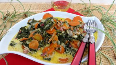 Plat en sauce : Assiette de carottes et blettes façon carbonara
