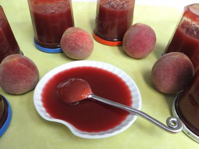 Confitures : Coupelle de confiture de pêches de vigne et rhubarbe