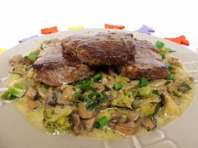 Viandes : Plat de filets de boeuf aux champignons