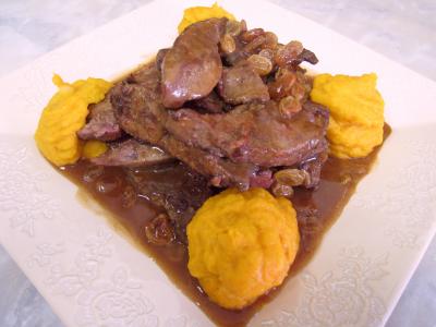 vinaigre de framboise : Foie de veau aux raisins secs et au potimarron
