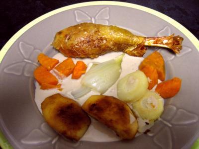 Recette Chapon aux pommes et légumes avec sauce au champagne et armagnac