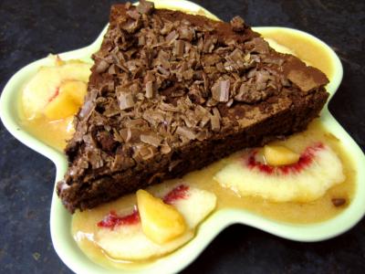 Recette Gâteau au chocolat et son coulis de melon et pêches