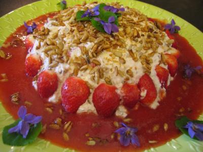 mousse : Mousse aux graines de tournesol et son coulis de fraises