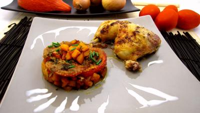 potiron : Assiette de poulet et potiron pour Halloween